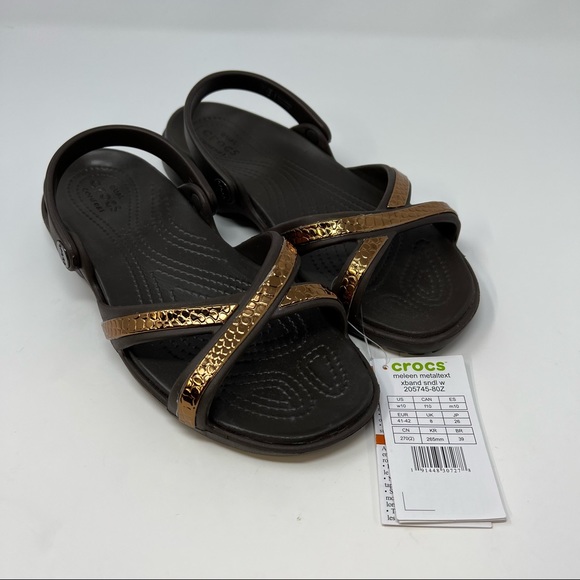 CROCS Shoes - Crocs Meleen Women’s Size 10 Gold Brown Strappy Slip On Comfort Sandals Shoes